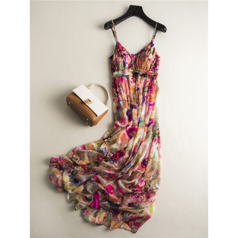 New 2019 Real 100%Silk Dress Women Natural Silk High Quality Elegant Holiday Beach dress Long Print Sleeveless Free Shipping
